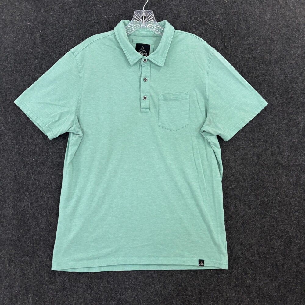 PrAna Polo Shirt Men's Large Green Cotton Polyester Pocket Casual Preppy Summer